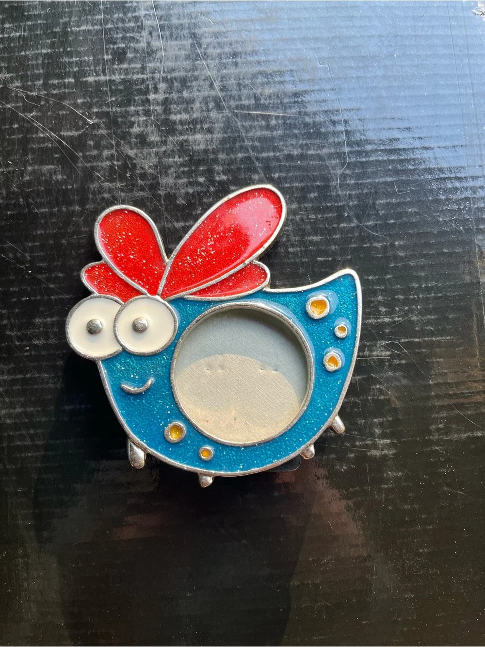 Whimsical metal and enamel chicken hen mini picture frame